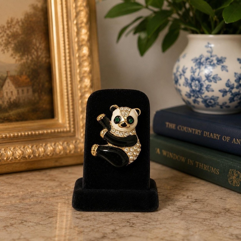 Vintage Pave Rhinestone Panda Brooch Gold Tone Black Enamel Pin